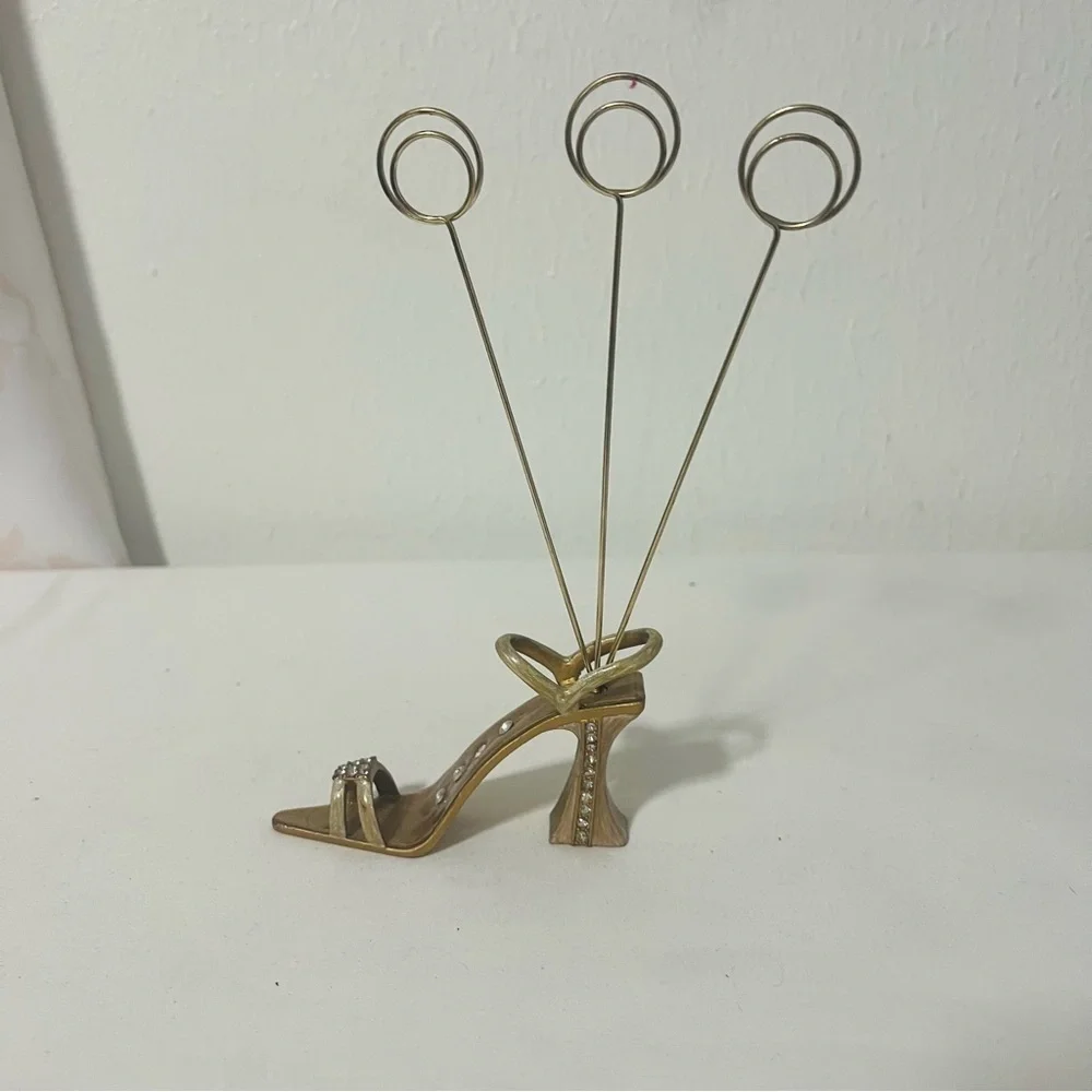 Gold Jeweled Strappy High Heel Sandal Picture Card Memo Clip Holder with Ankle